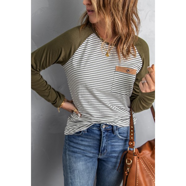 Army Green Raglan Sleeve Splicing Striped Top with Pocket