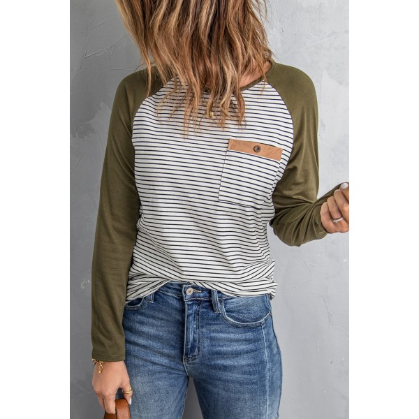 Army Green Raglan Sleeve Splicing Striped Top with Pocket