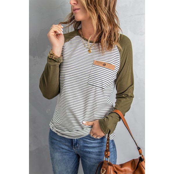 Army Green Raglan Sleeve Splicing Striped Top with Pocket