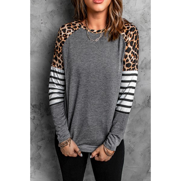 Gray Leopard Striped Long Sleeve Top