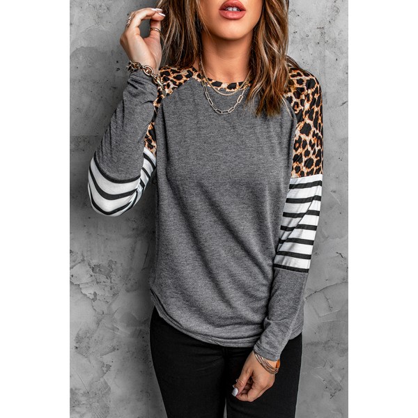 Gray Leopard Striped Long Sleeve Top