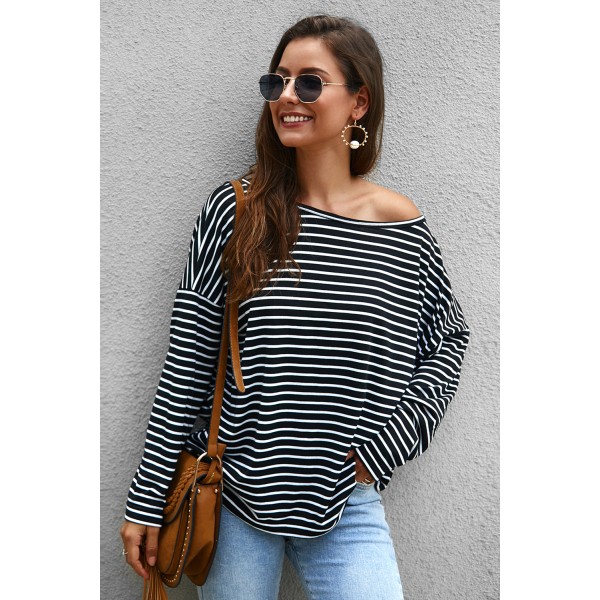 Black Boat Neck Drop Shoulder Striped Oversized Top