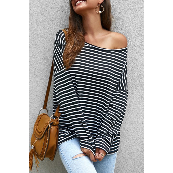 Black Boat Neck Drop Shoulder Striped Oversized Top