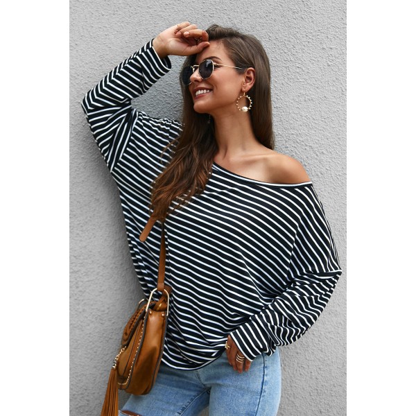 Black Boat Neck Drop Shoulder Striped Oversized Top