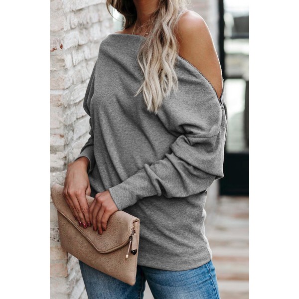 Gray Ribbed Zip Knit Top