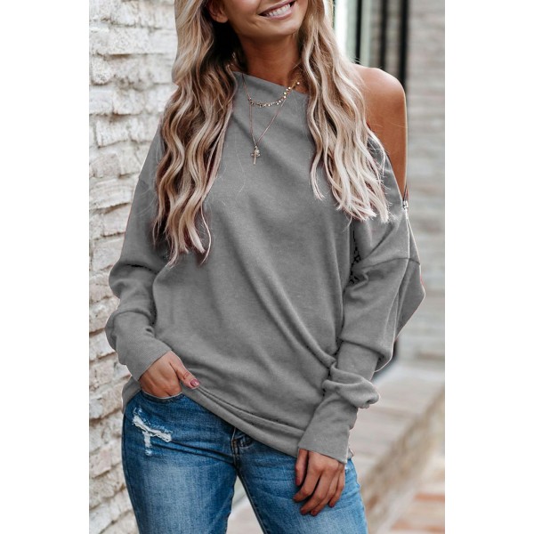 Gray Ribbed Zip Knit Top