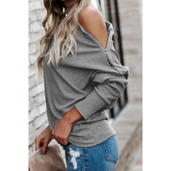 Gray Ribbed Zip Knit Top