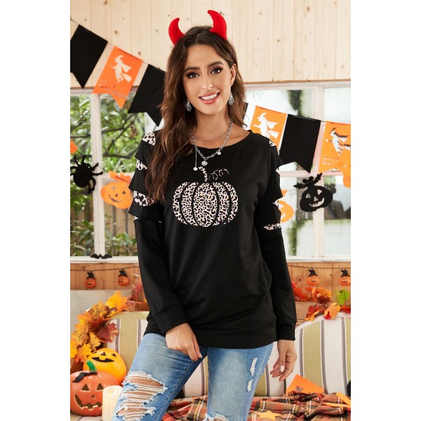 Halloween Leopard Pumpkin Print Cut-out Pullover Sweatshirt