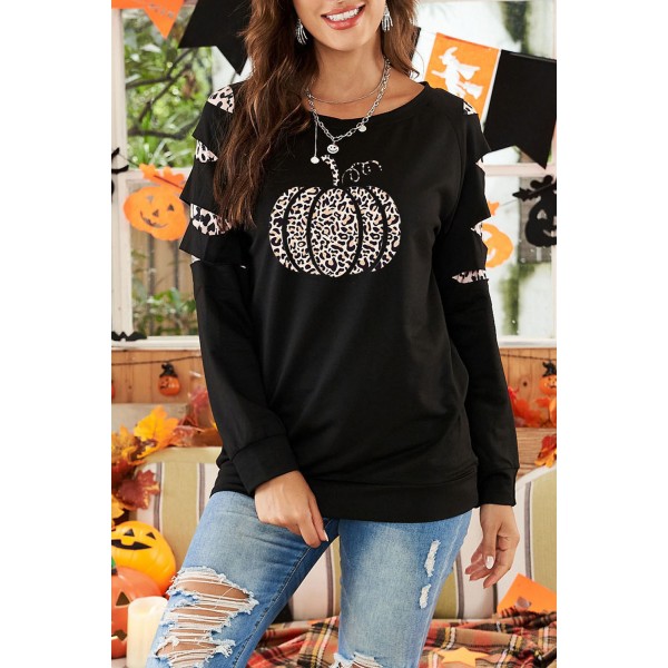 Halloween Leopard Pumpkin Print Cut-out Pullover Sweatshirt