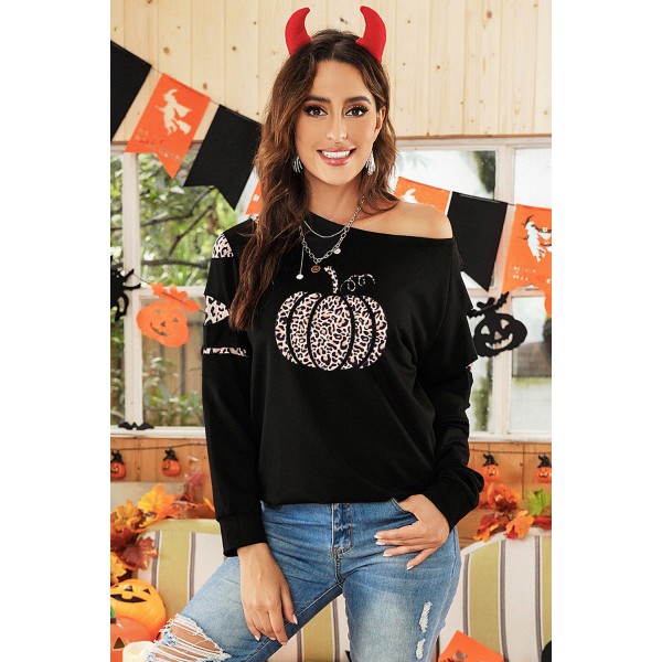 Halloween Leopard Pumpkin Print Cut-out Pullover Sweatshirt