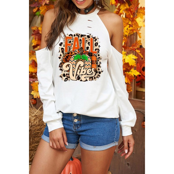 Halloween Pumpkin Letter Print Cold Shoulder Graphic Sweatshirt