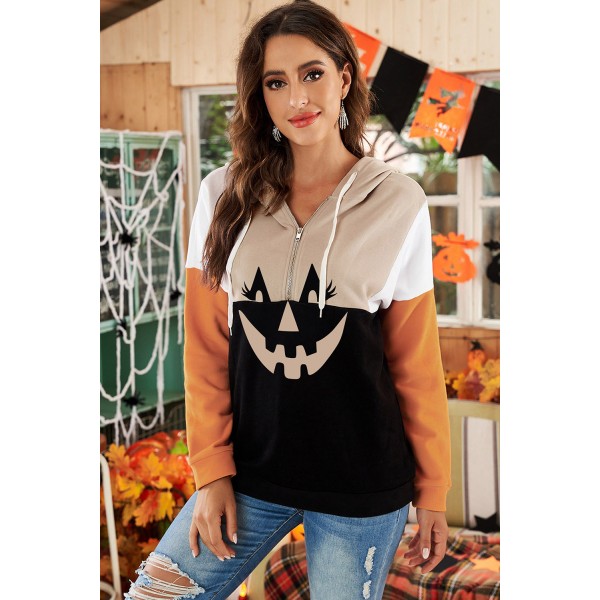 Halloween Pumpkin Face Color Block Quarter Zip Hoodie