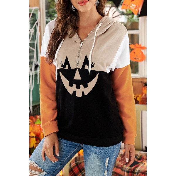 Halloween Pumpkin Face Color Block Quarter Zip Hoodie