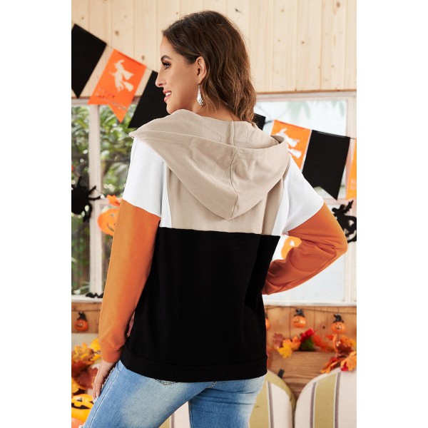 Halloween Pumpkin Face Color Block Quarter Zip Hoodie