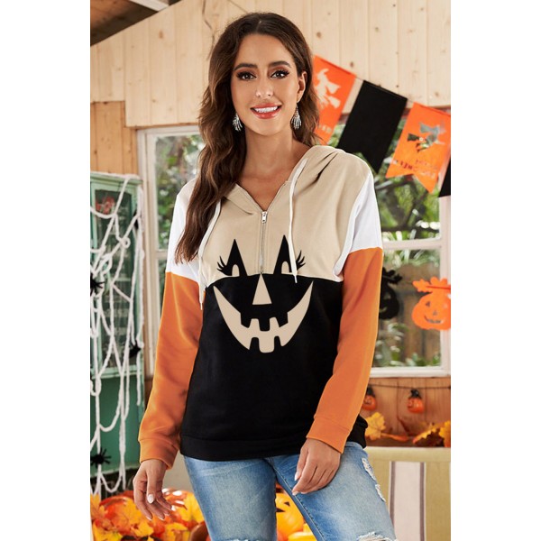 Halloween Pumpkin Face Color Block Quarter Zip Hoodie