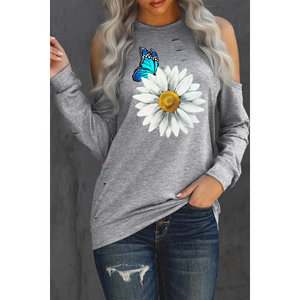 Daisy Butterfly Print Distressed Cold Shoulder Top