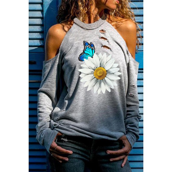 Daisy Butterfly Print Distressed Cold Shoulder Top