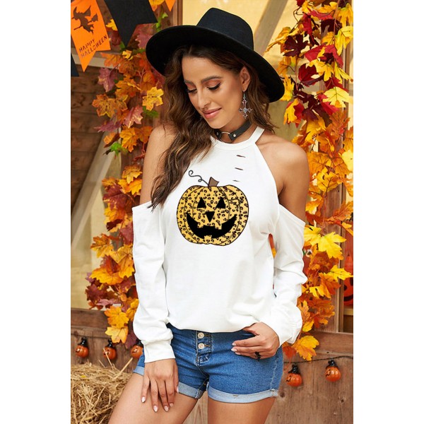 Leopard Pumpkin Face Hollow-out Cold Shoulder Sweatshirt