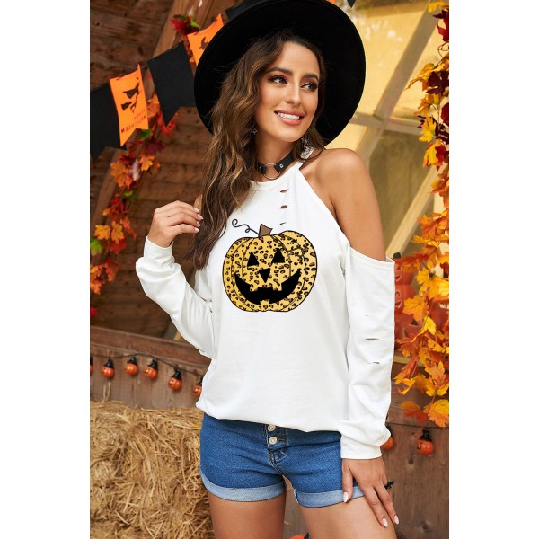 Leopard Pumpkin Face Hollow-out Cold Shoulder Sweatshirt