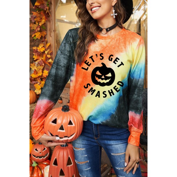 LETS GET SMASHED Halloween Pumpkin Face Graphic Tie-dye Sweatshirt