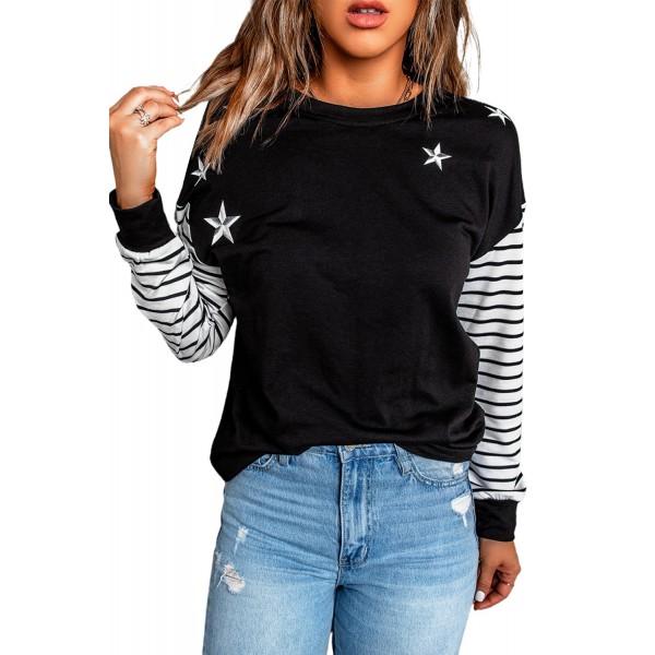 Striped Star Print Patchwork Long Sleeve Top