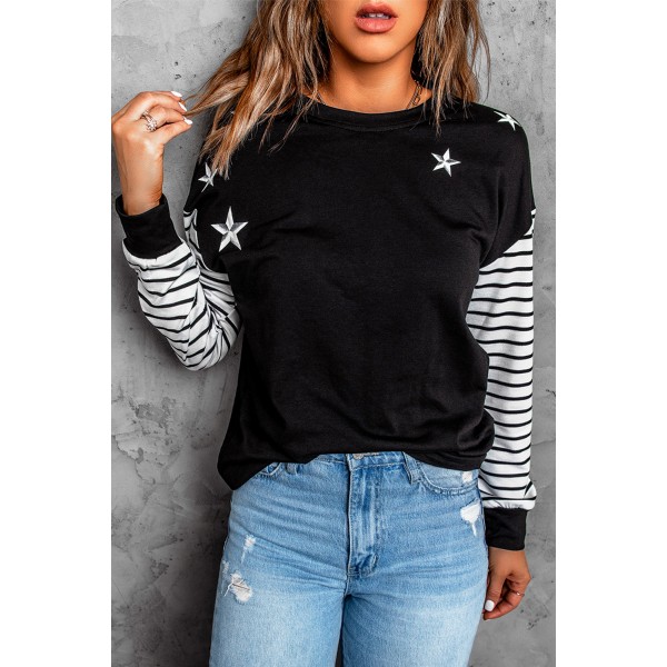 Striped Star Print Patchwork Long Sleeve Top