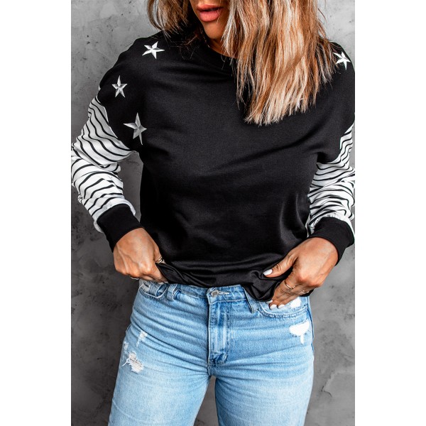 Striped Star Print Patchwork Long Sleeve Top