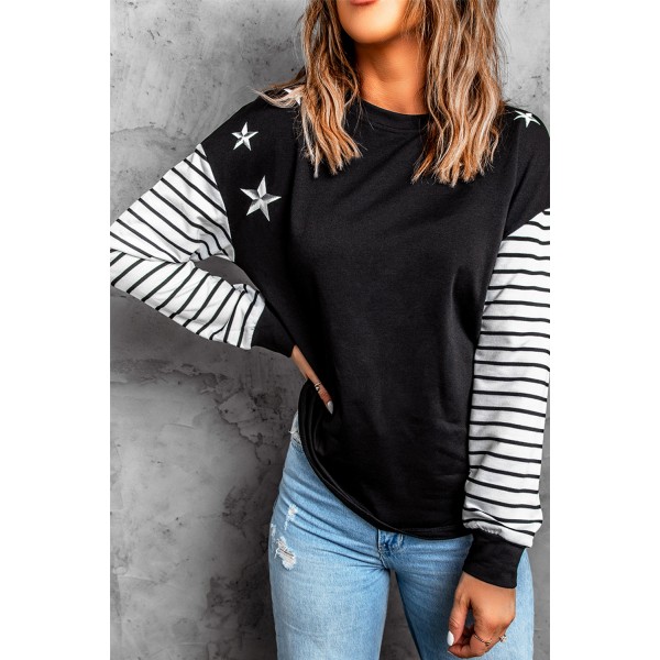 Striped Star Print Patchwork Long Sleeve Top