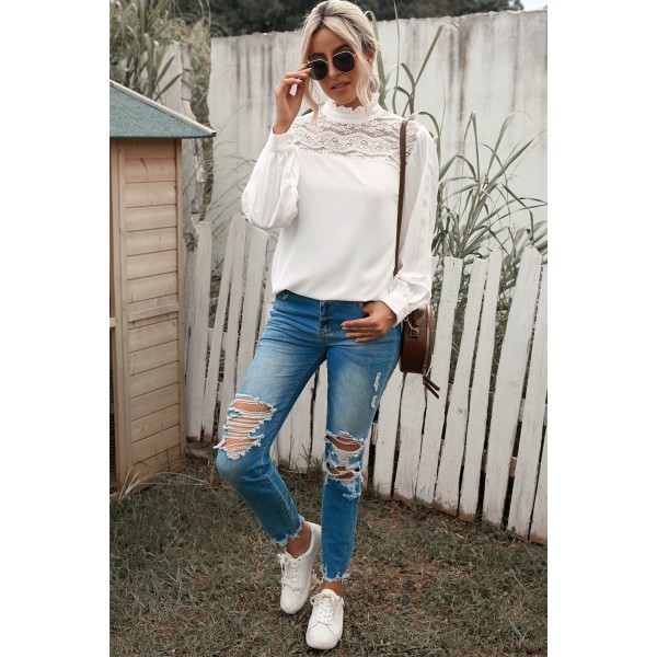 White Ruffled Crewneck Lantern Sleeve Splicing Lace Blouse