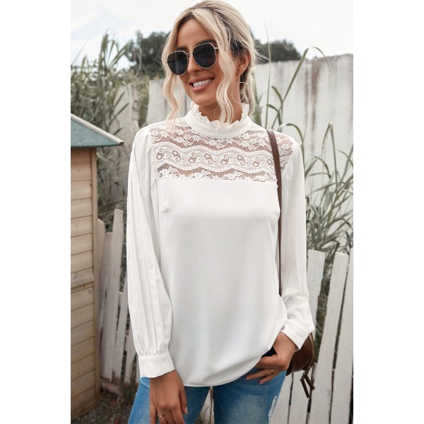 White Ruffled Crewneck Lantern Sleeve Splicing Lace Blouse