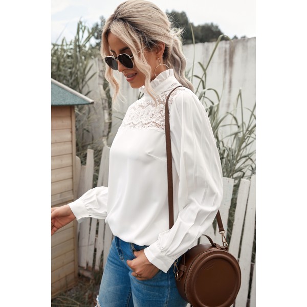 White Ruffled Crewneck Lantern Sleeve Splicing Lace Blouse