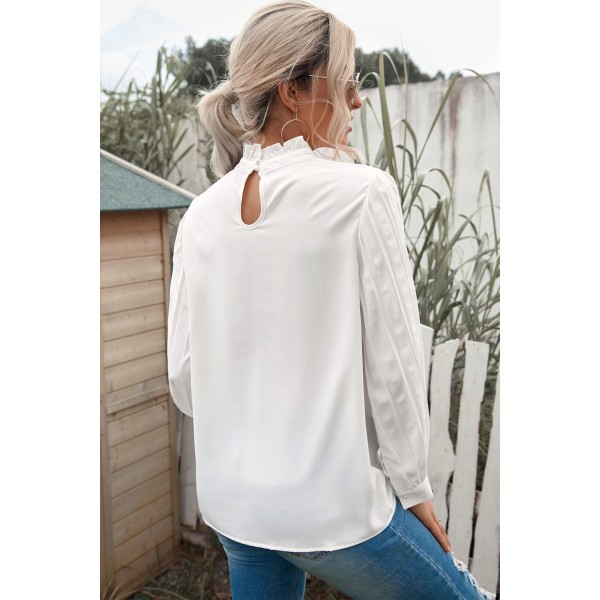 White Ruffled Crewneck Lantern Sleeve Splicing Lace Blouse