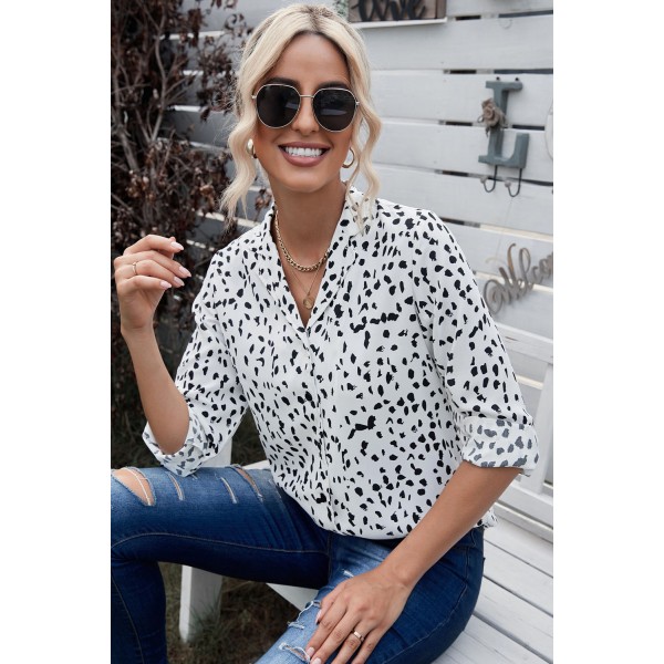 Leopard Print Turn-Down Collar Long Sleeve Blouse