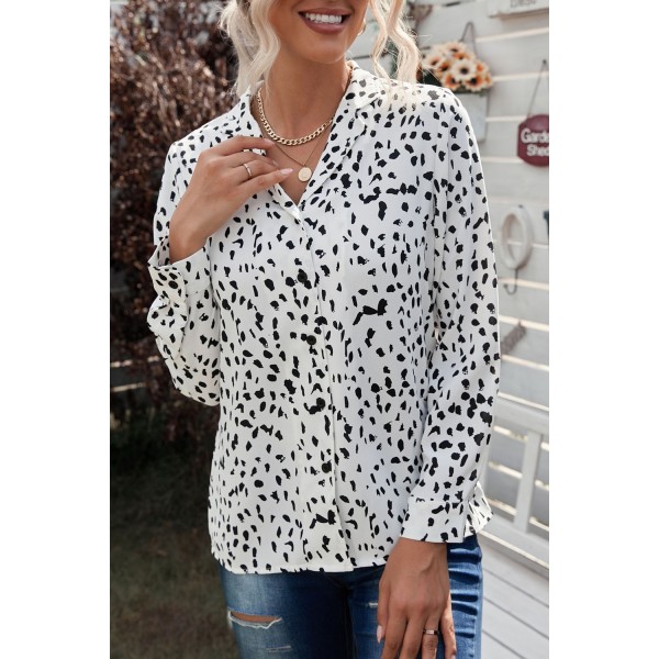 Leopard Print Turn-Down Collar Long Sleeve Blouse