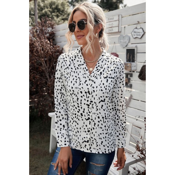 Leopard Print Turn-Down Collar Long Sleeve Blouse