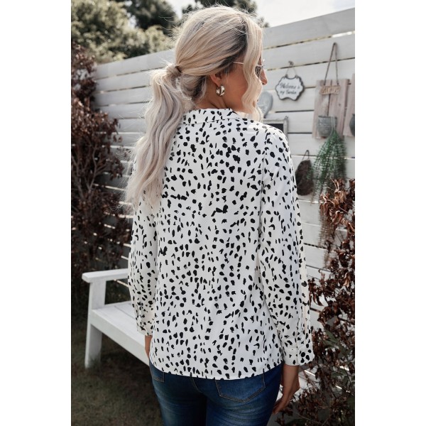 Leopard Print Turn-Down Collar Long Sleeve Blouse