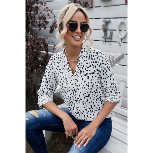 Leopard Print Turn-Down Collar Long Sleeve Blouse