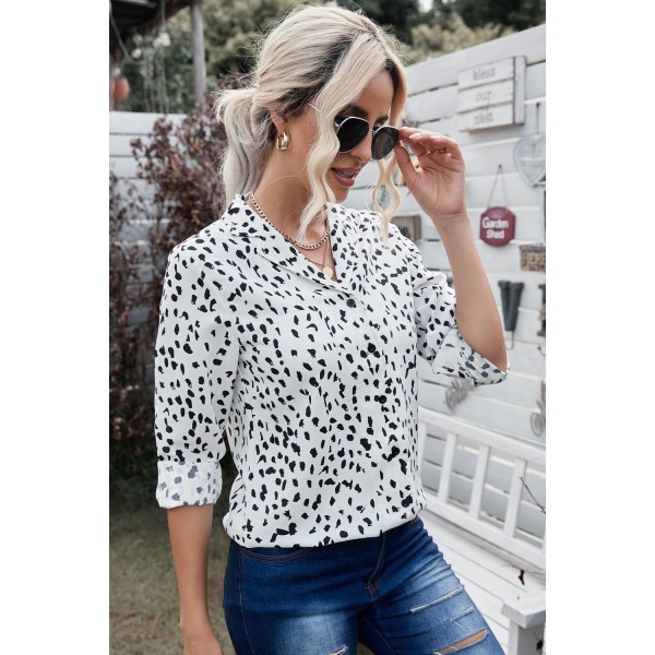 Leopard Print Turn-Down Collar Long Sleeve Blouse