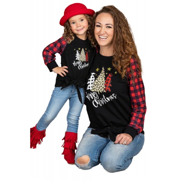 Family Matching Mom Plaid Christmas Print Tie Knot Long Sleeve Top
