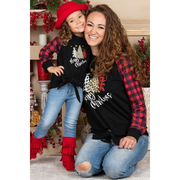 Family Matching Mom Plaid Christmas Print Tie Knot Long Sleeve Top