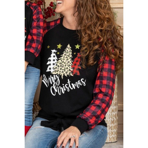 Family Matching Mom Plaid Christmas Print Tie Knot Long Sleeve Top