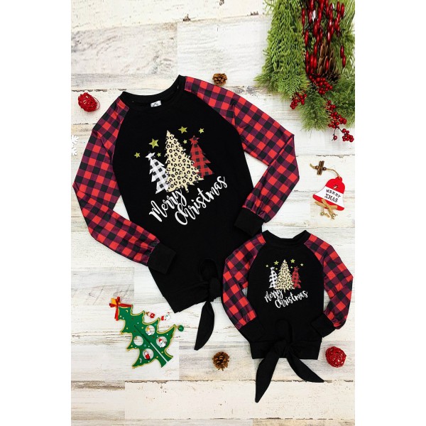 Family Matching Mom Plaid Christmas Print Tie Knot Long Sleeve Top
