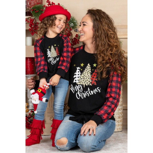 Family Matching Mom Plaid Christmas Print Tie Knot Long Sleeve Top