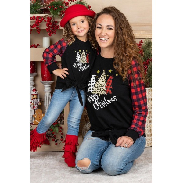 Family Matching Mom Plaid Christmas Print Tie Knot Long Sleeve Top
