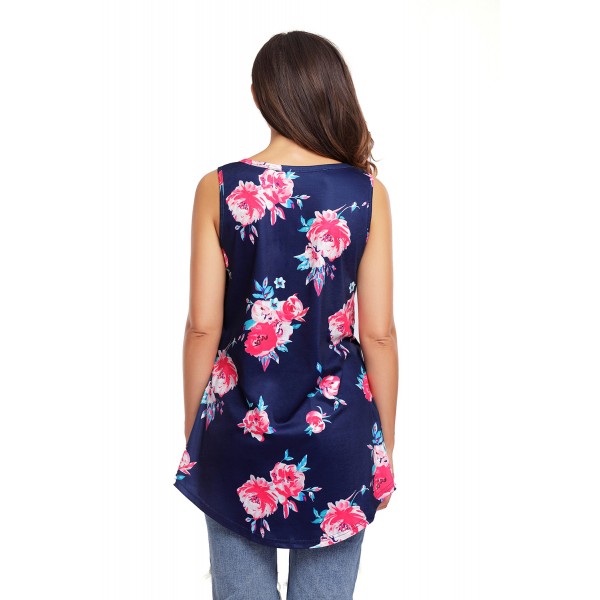 Navy Blooms Floral Print Sleeveless Babydoll Tank