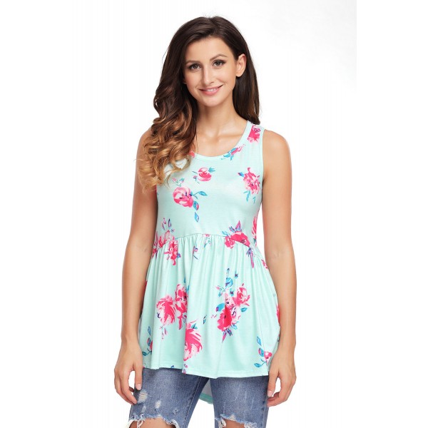 Cyan Blooms Floral Print Sleeveless Babydoll Tank