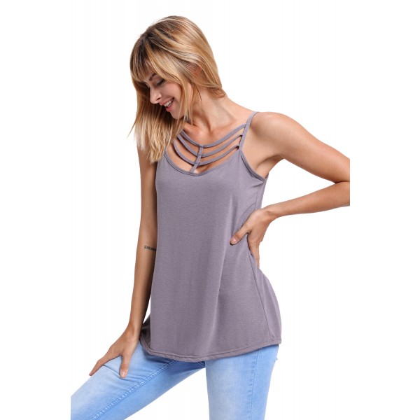 Gray Spaghetti Strap Tank Top with Caged Neckline