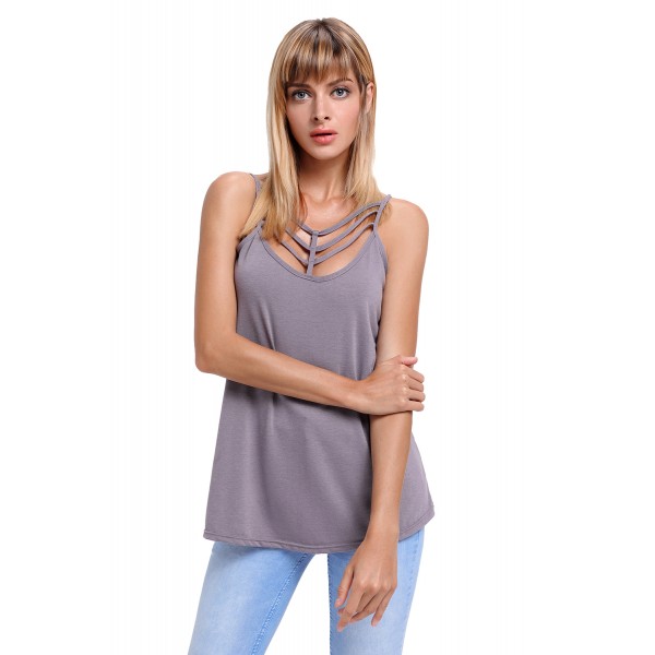 Gray Spaghetti Strap Tank Top with Caged Neckline