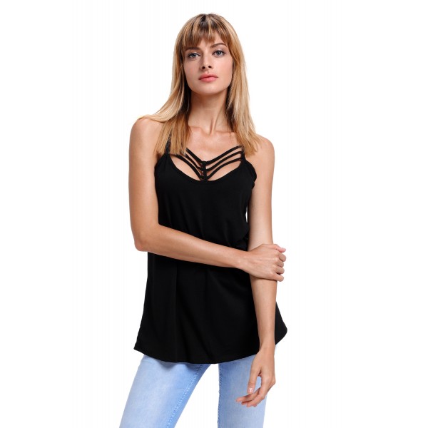 Black Spaghetti Strap Tank Top with Caged Neckline