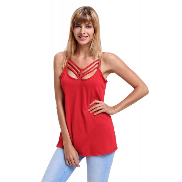 Red Spaghetti Strap Tank Top with Caged Neckline